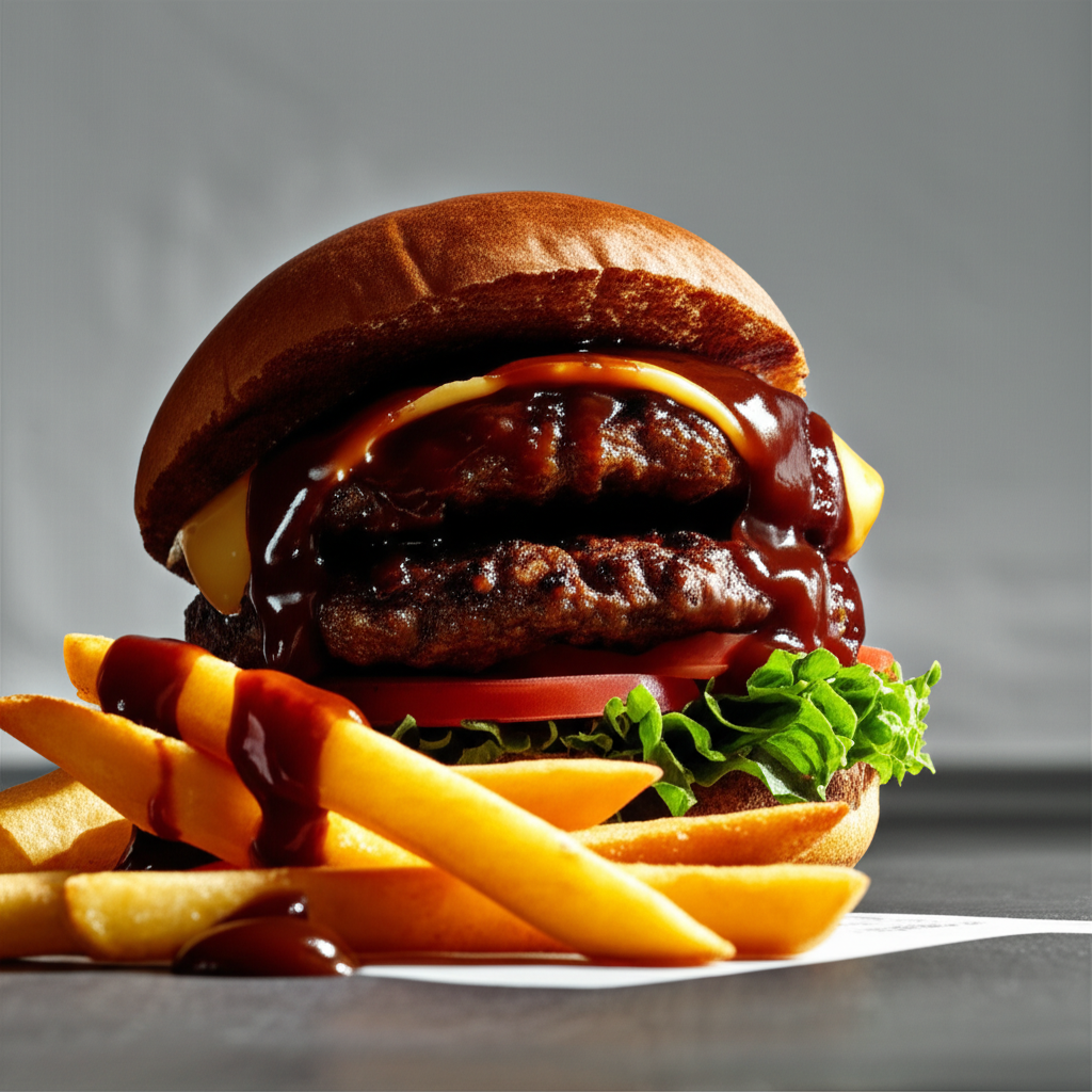 Burger and fries drizzled with glossy date sauce