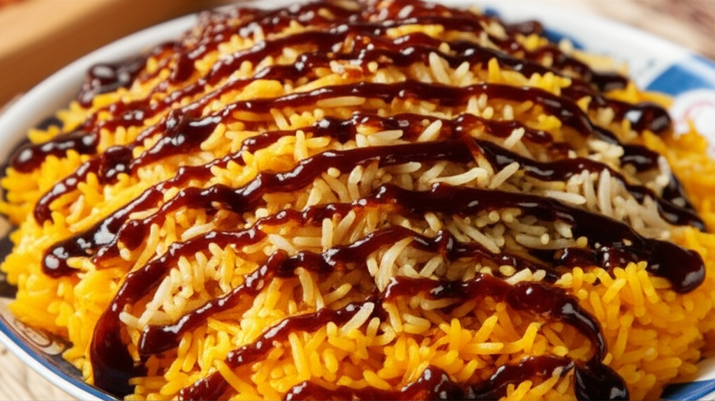 Kabsa rice drizzled with glossy date sauce