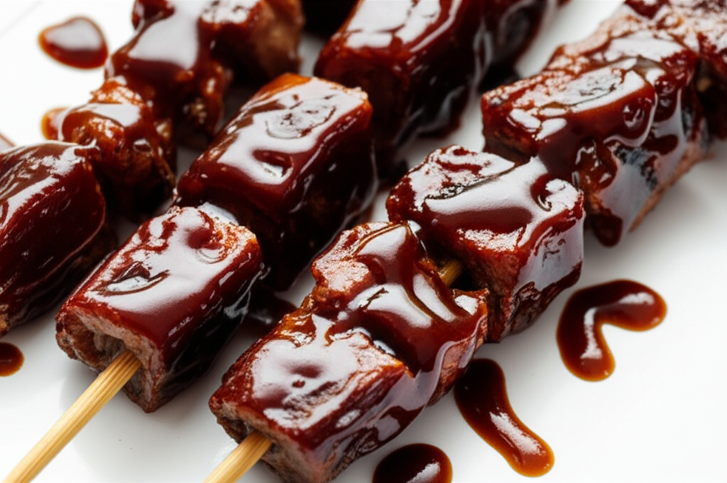 Kebabs drizzled with glossy date sauce