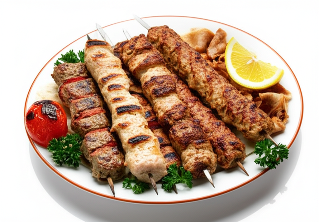 Grilled kebabs and shawarma on plate