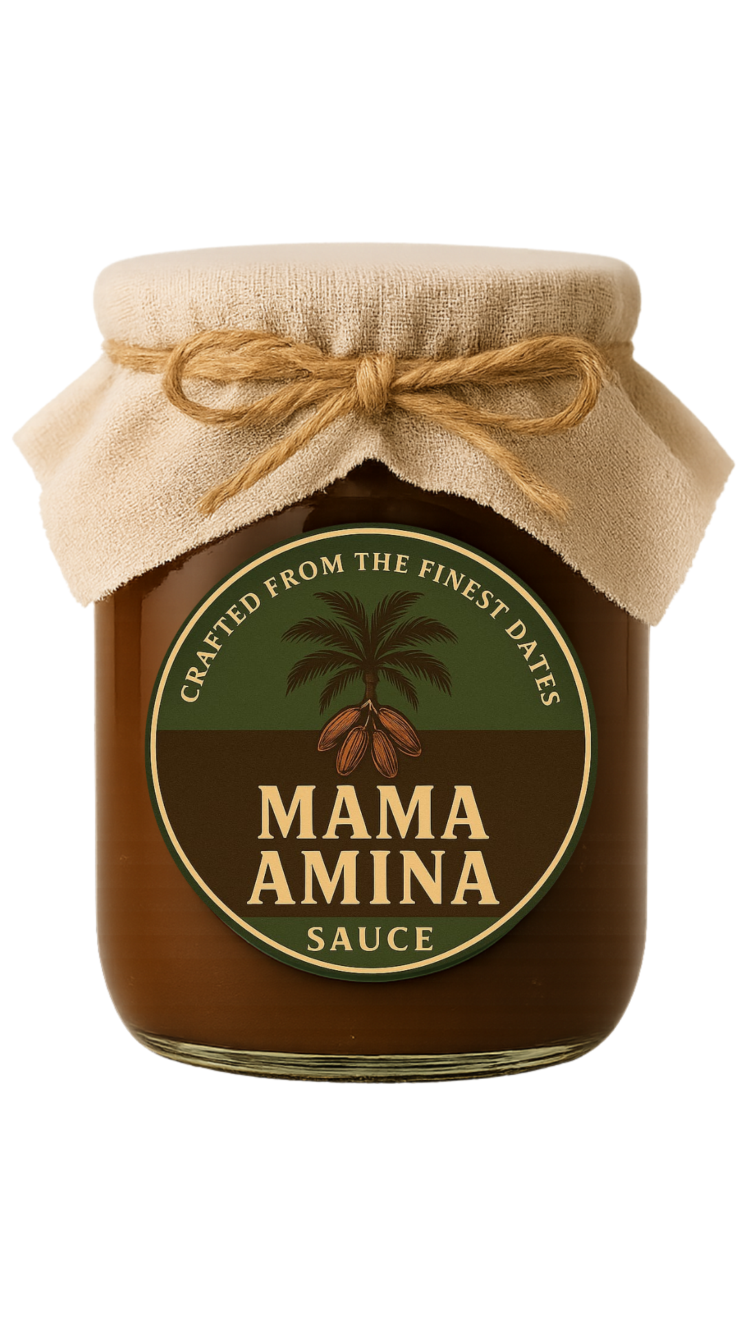 Mama Amina Date Sauce jar with linen cap and twine